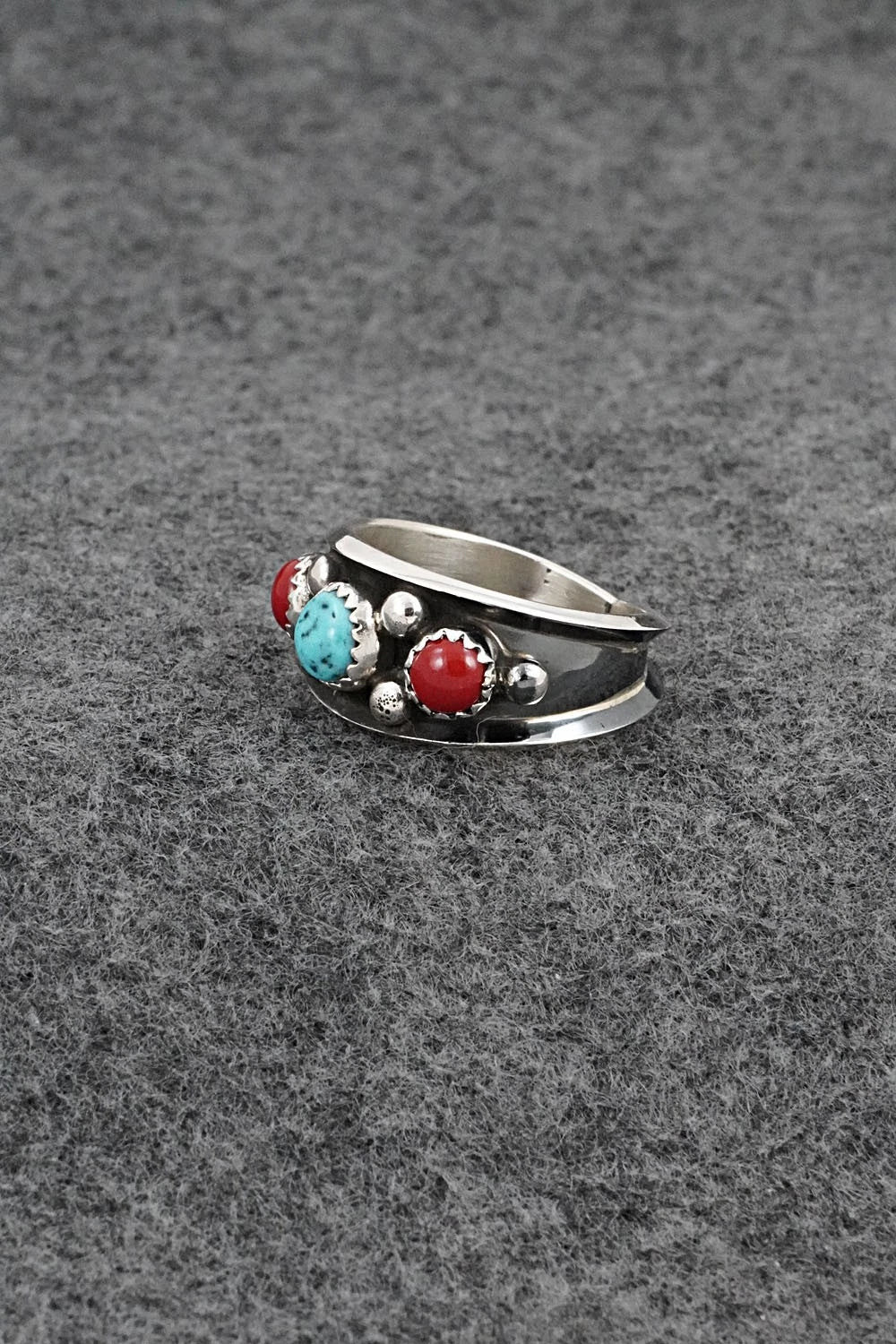Turquoise, Coral & Sterling Silver Ring - Paul Largo - Size 8.5