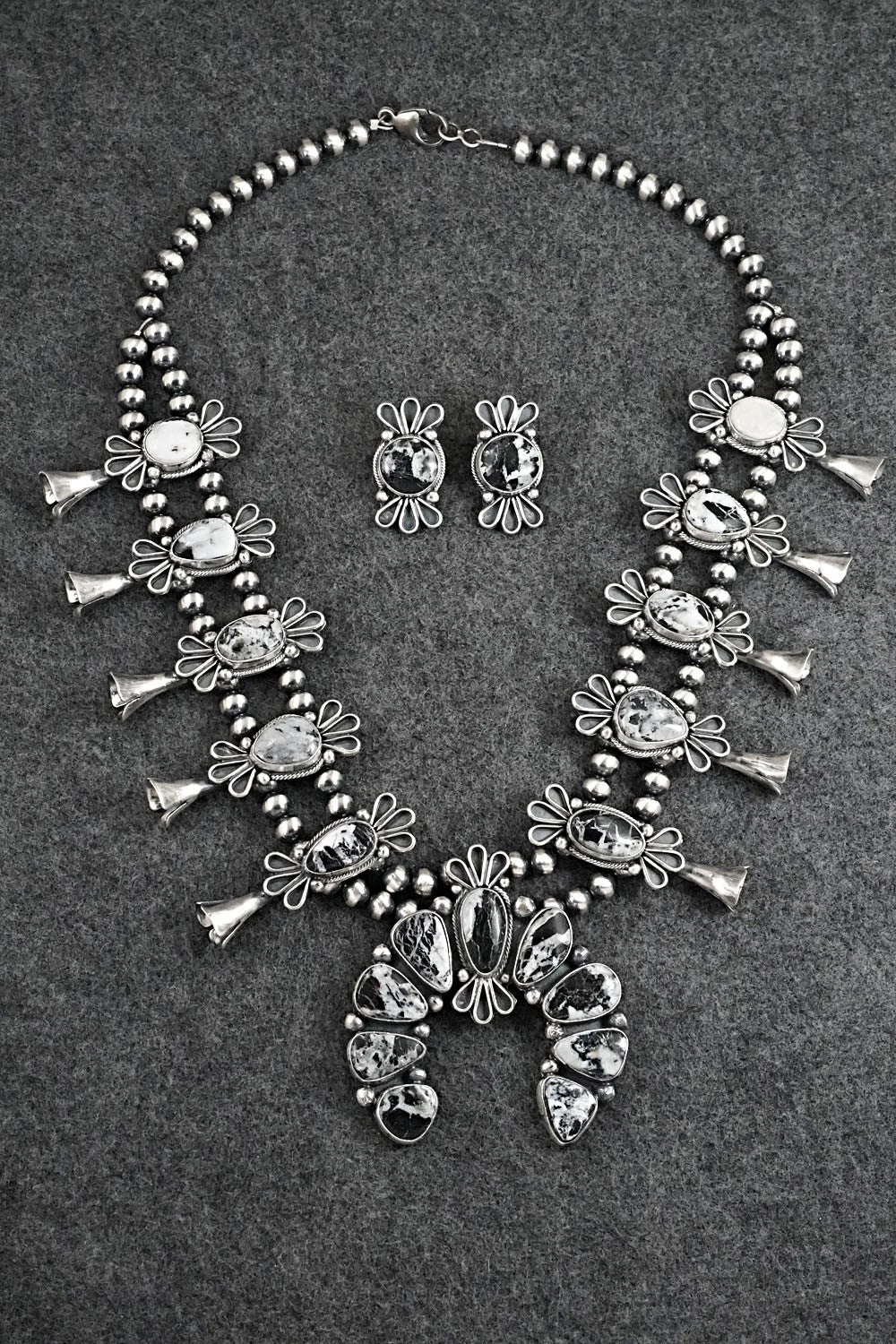 White Buffalo & Sterling Silver Squash Blossom Set - Darrin Livingston