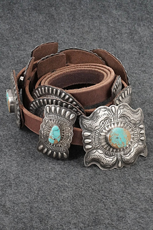 Turquoise, Sterling Silver & Leather Concho Belt - Dan Morgan