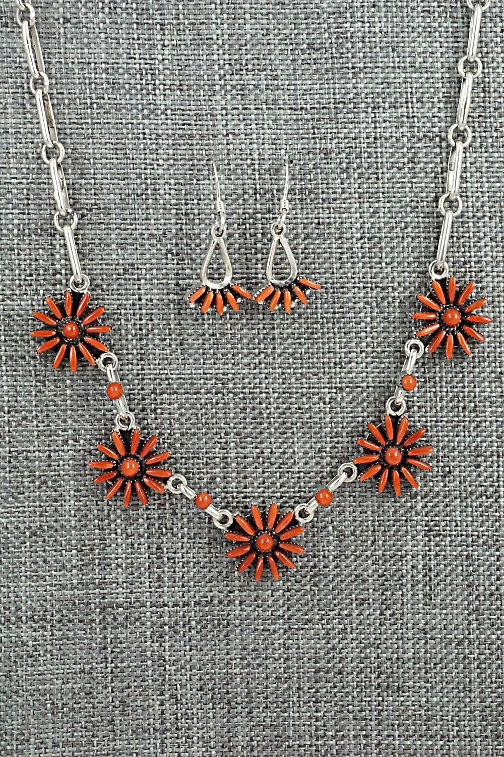 Coral & Sterling Silver Necklace and Earrings Set - Mildred Ukestine