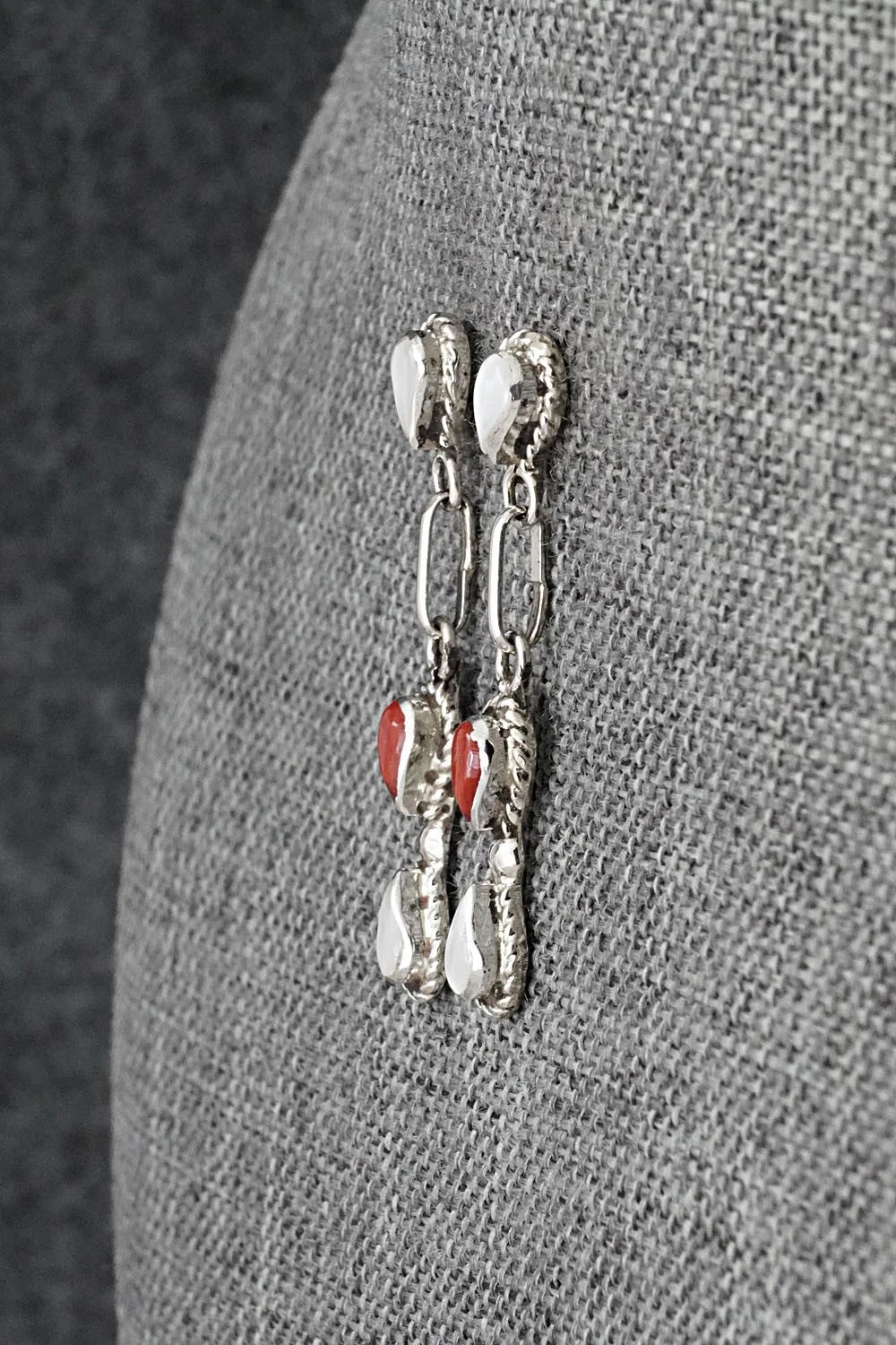 Coral, Mother of Pearl & Sterling Silver Earrings - Carol Lateyice