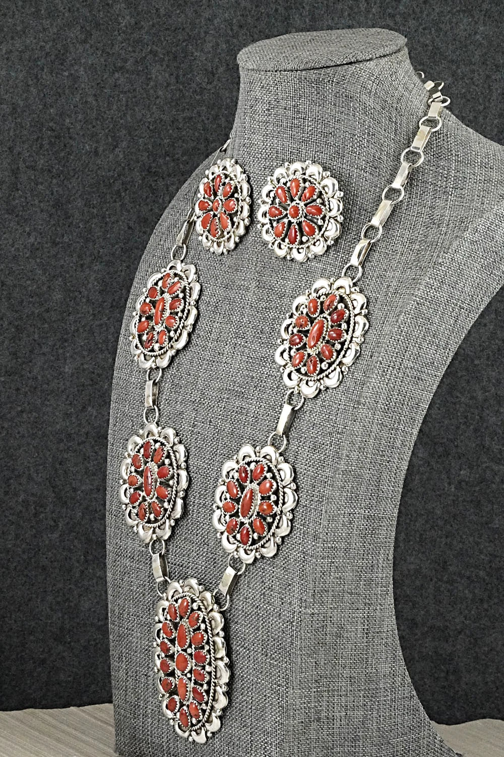 Coral & Sterling Silver Necklace and Earrings Set - Eunice Wilson