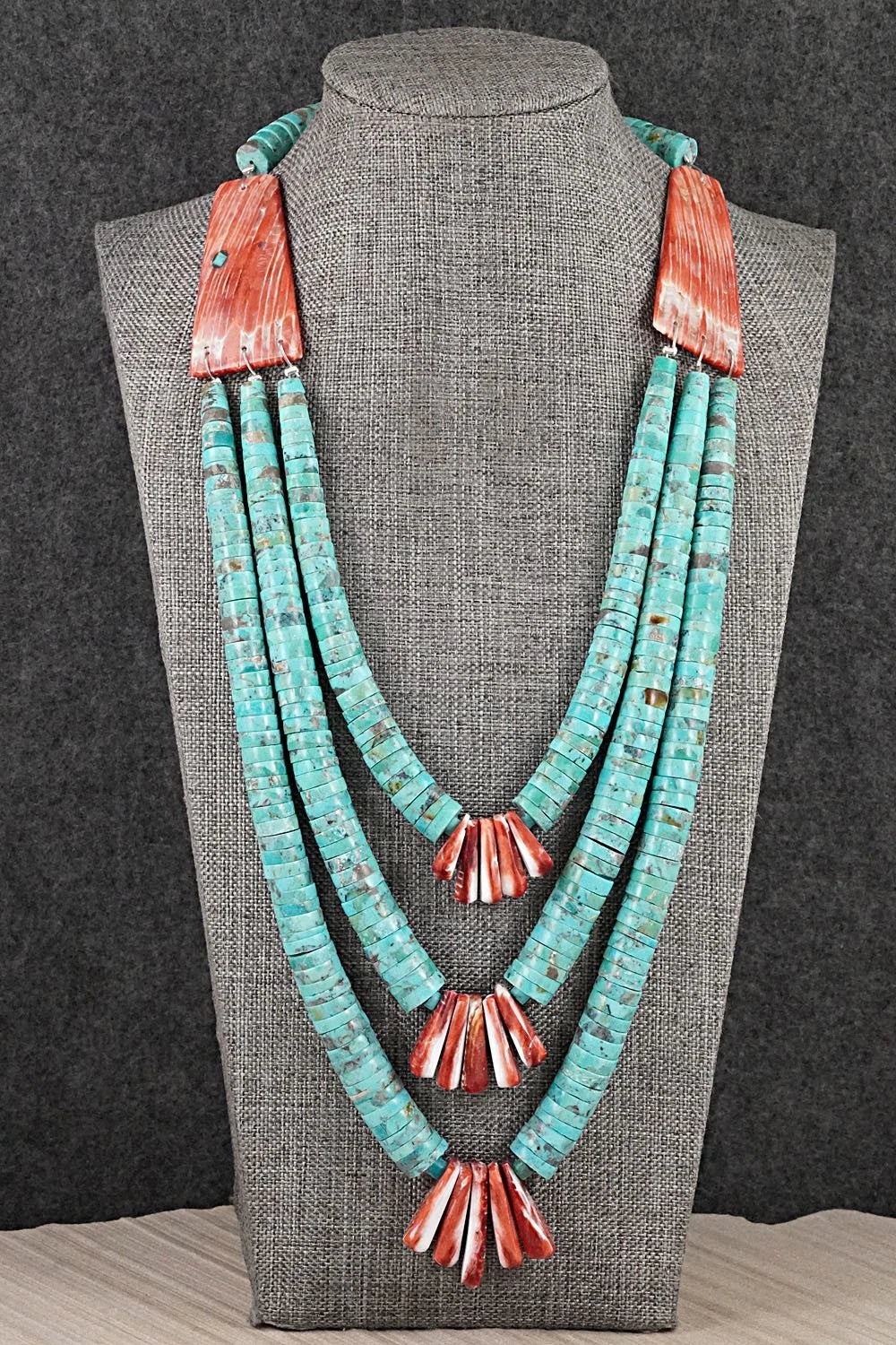 Turquoise, Spiny Oyster and Sterling Silver Necklace - Lupe Lovato