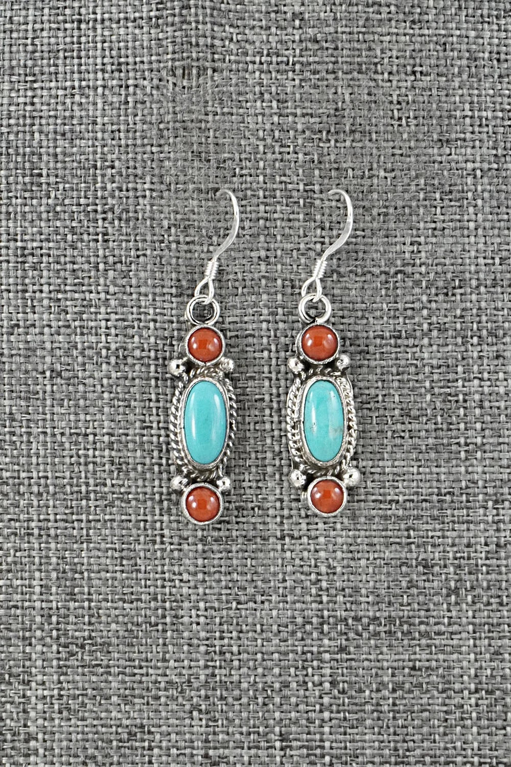 Turquoise, Coral & Sterling Silver Earrings - Verley Betone