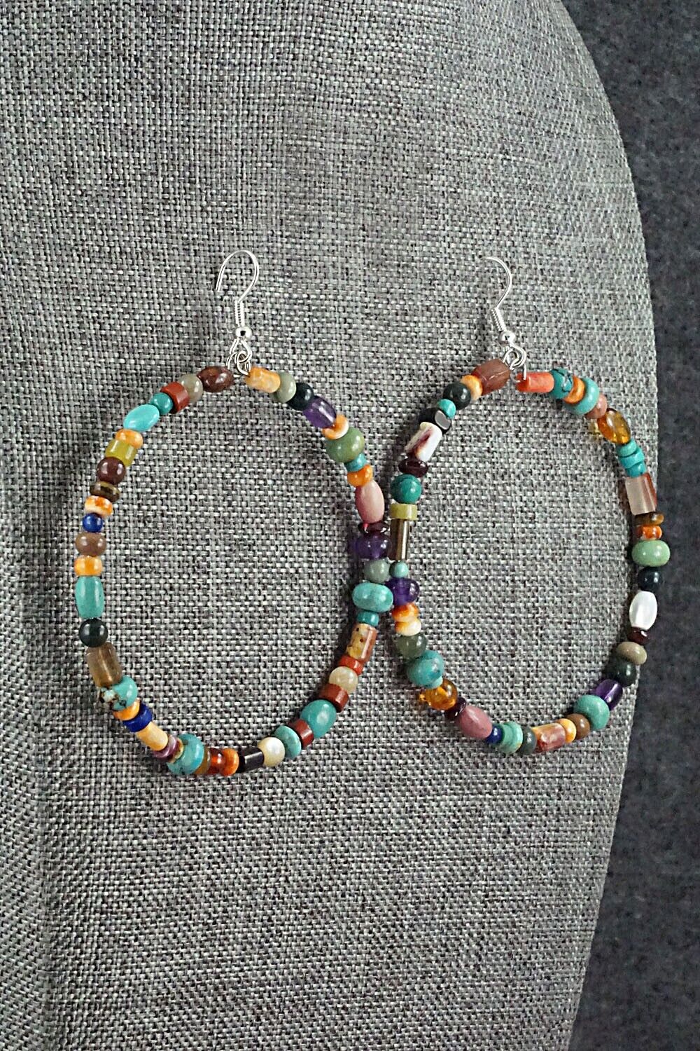 Multi Stone & Sterling Silver Hoop Earrings - Helen Tsosie