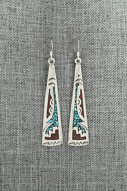 Turquoise, Coral Chip & Sterling Silver Earrings - Joleen Yazzie