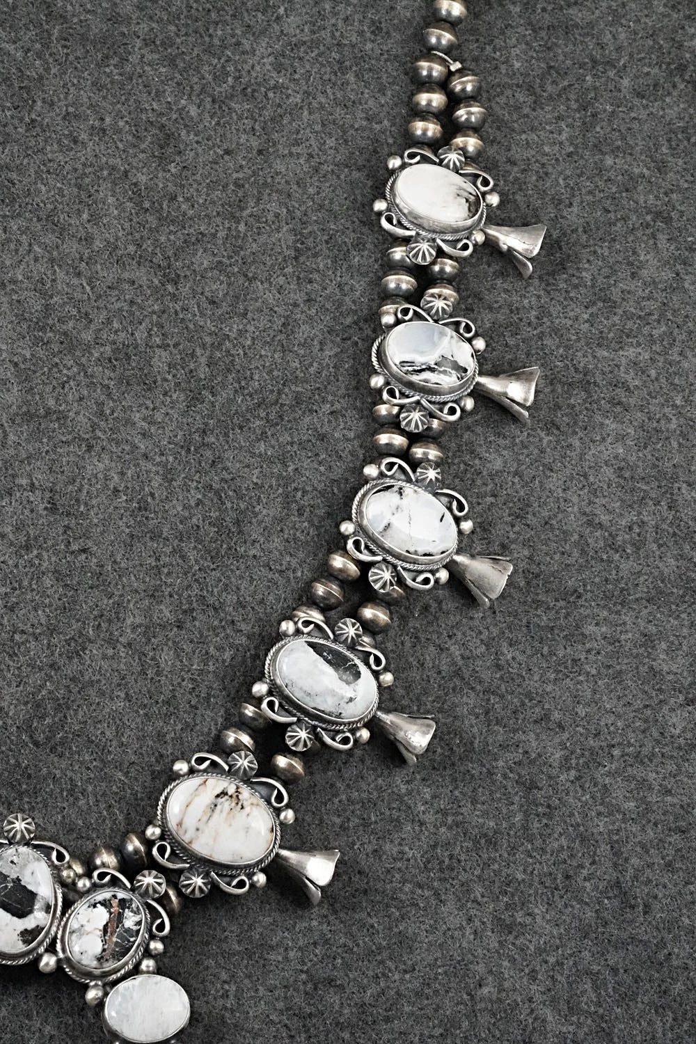 White Buffalo & Sterling Silver Squash Blossom Set - Paul Livingston