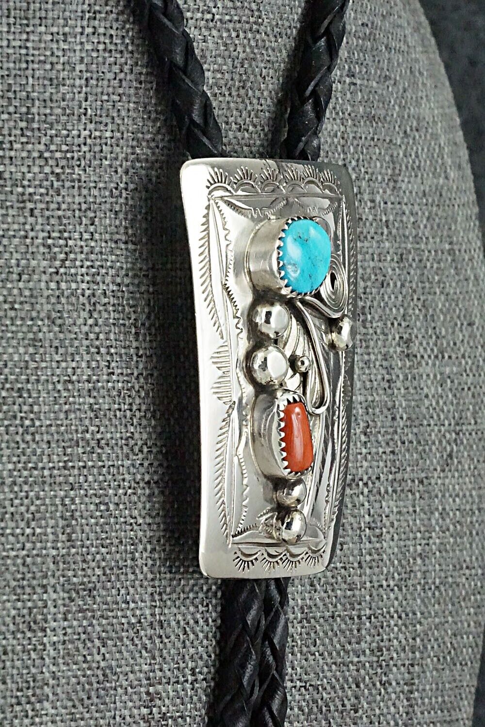 Turquoise, Coral & Sterling Silver Bolo Tie - Wilbur Myers