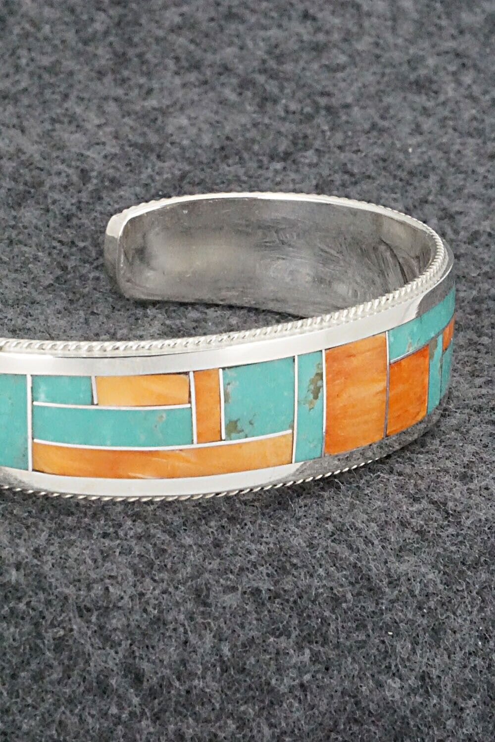 Turquoise, Spiny Oyster & Sterling Silver Inlay Bracelet - Glendora Booqua