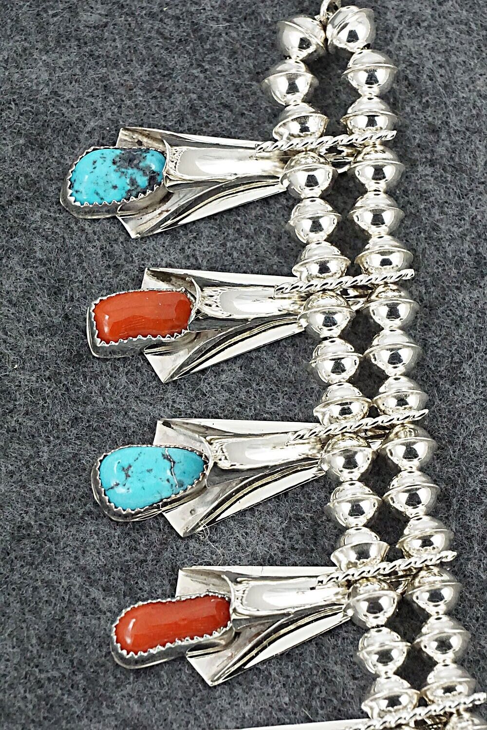 Turquoise, Coral & Sterling Silver Squash Blossom Set - Louise Yazzie