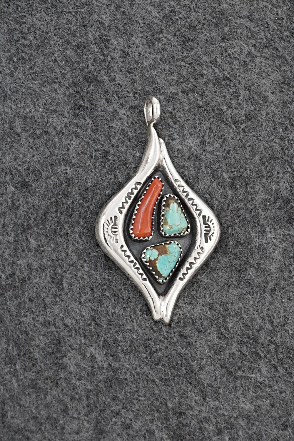 Turquoise, Coral & Sterling Silver Pendant - Wilbur Iule