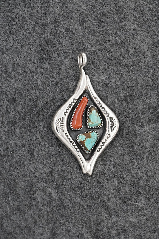 Turquoise, Coral & Sterling Silver Pendant - Wilbur Iule