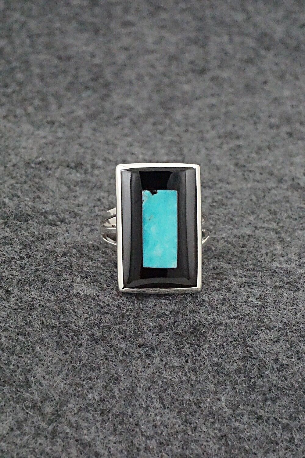 Turquoise, Onyx & Sterling Silver Inlay Ring - Harlen Consis - Size 7