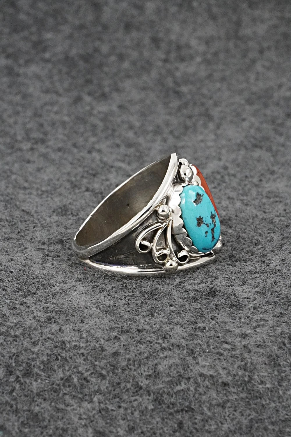 Turquoise, Coral & Sterling Silver Ring - Darrell Morgan - Size 14