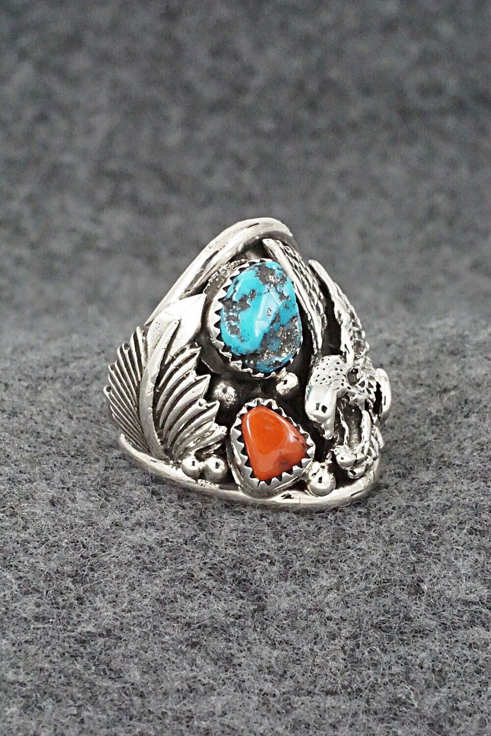 Turquoise, Coral & Sterling Silver Ring - Jeannette Saunders - Size 9.75