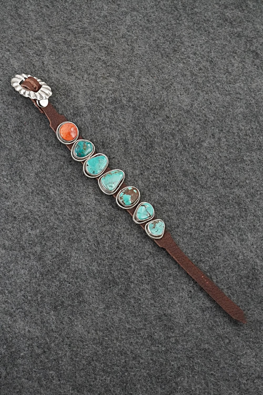 Turquoise, Spiny Oyster, Sterling Silver & Leather Bracelet - Marlene Ramone
