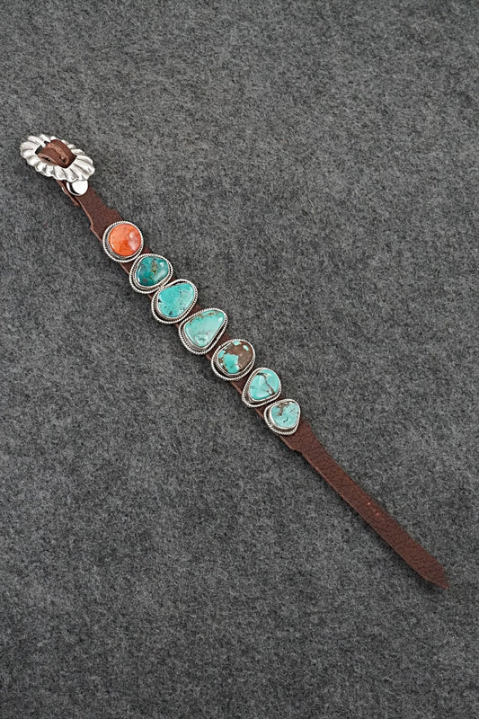 Turquoise, Spiny Oyster, Sterling Silver & Leather Bracelet - Marlene Ramone