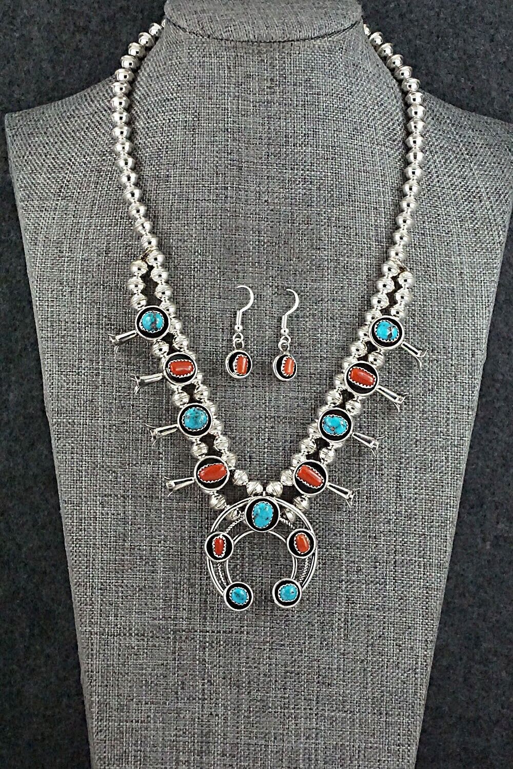 Turquoise, Coral & Sterling Silver Mini Squash Blossom Set - Phil Garcia