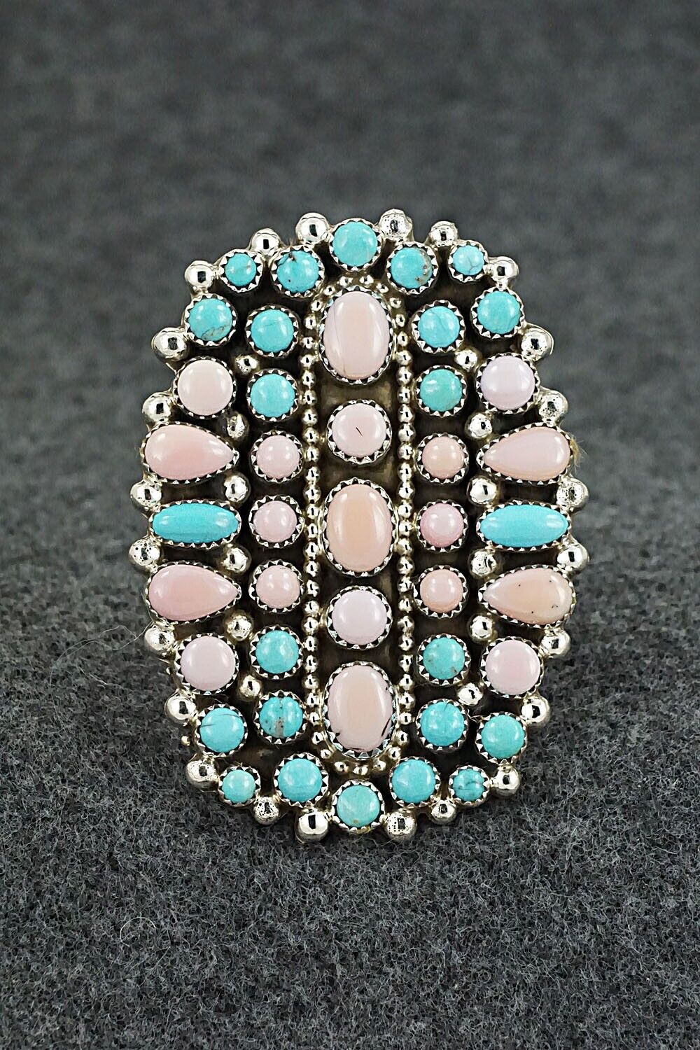 Pink Conch Shell, Turquoise & Sterling Silver Ring - Tina Jones - Size 9.5 (Adj)