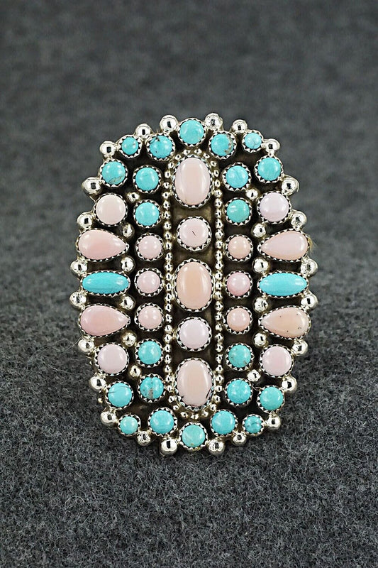 Pink Conch Shell, Turquoise & Sterling Silver Ring - Tina Jones - Size 9.5 (Adj)