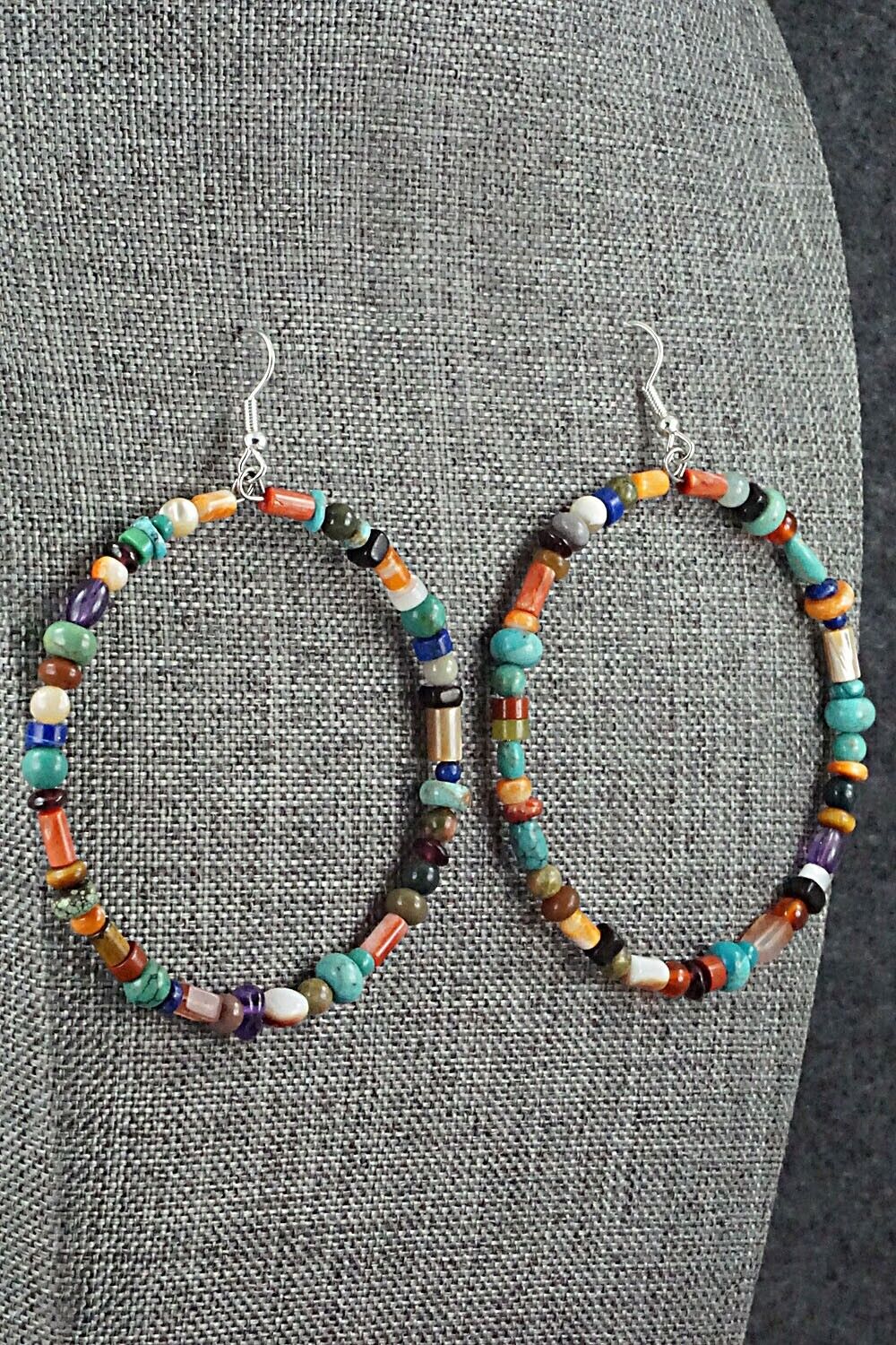 Multi Stone & Sterling Silver Hoop Earrings - Helen Tsosie