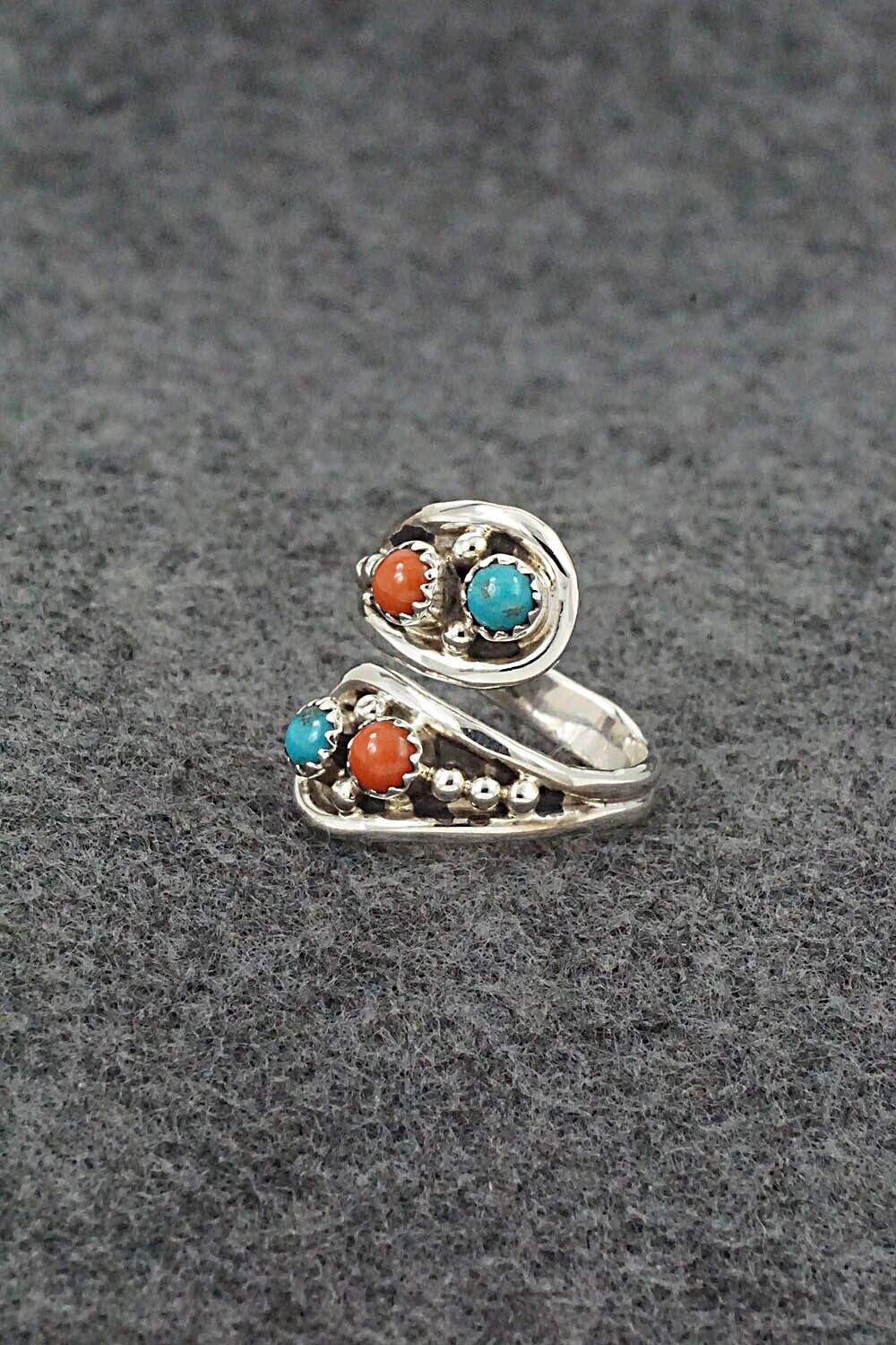 Turquoise, Coral & Sterling Silver Ring - Genevieve Francisco - Size 7.5