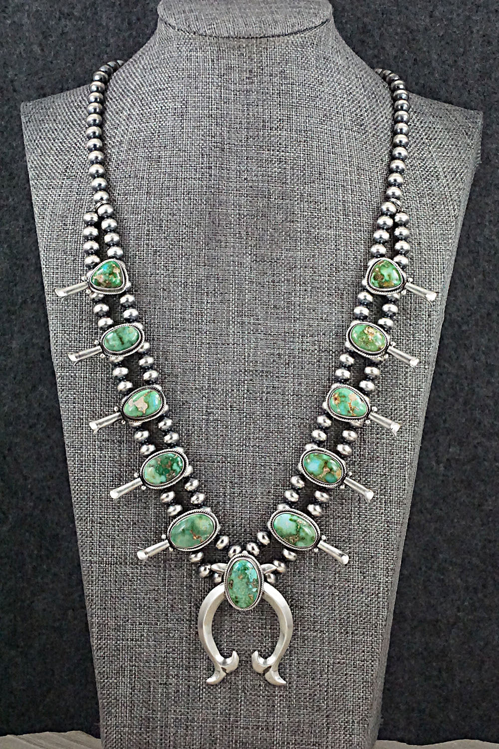 Turquoise & Sterling Silver Squash Blossom Necklace - Tom Lewis