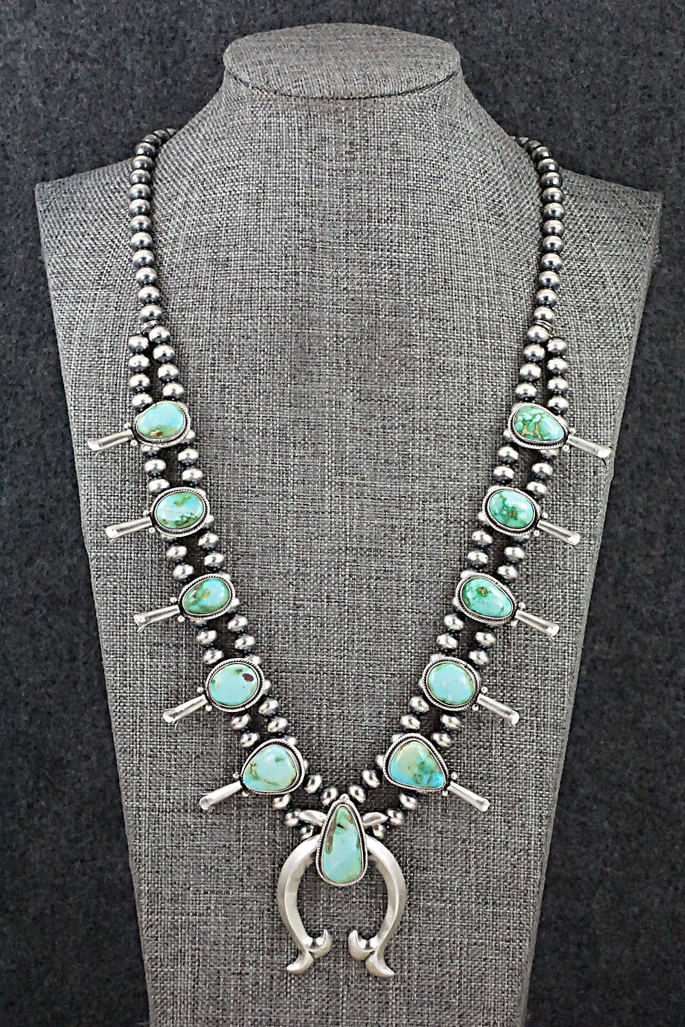 Turquoise & Sterling Silver Squash Blossom Necklace - Tom Lewis