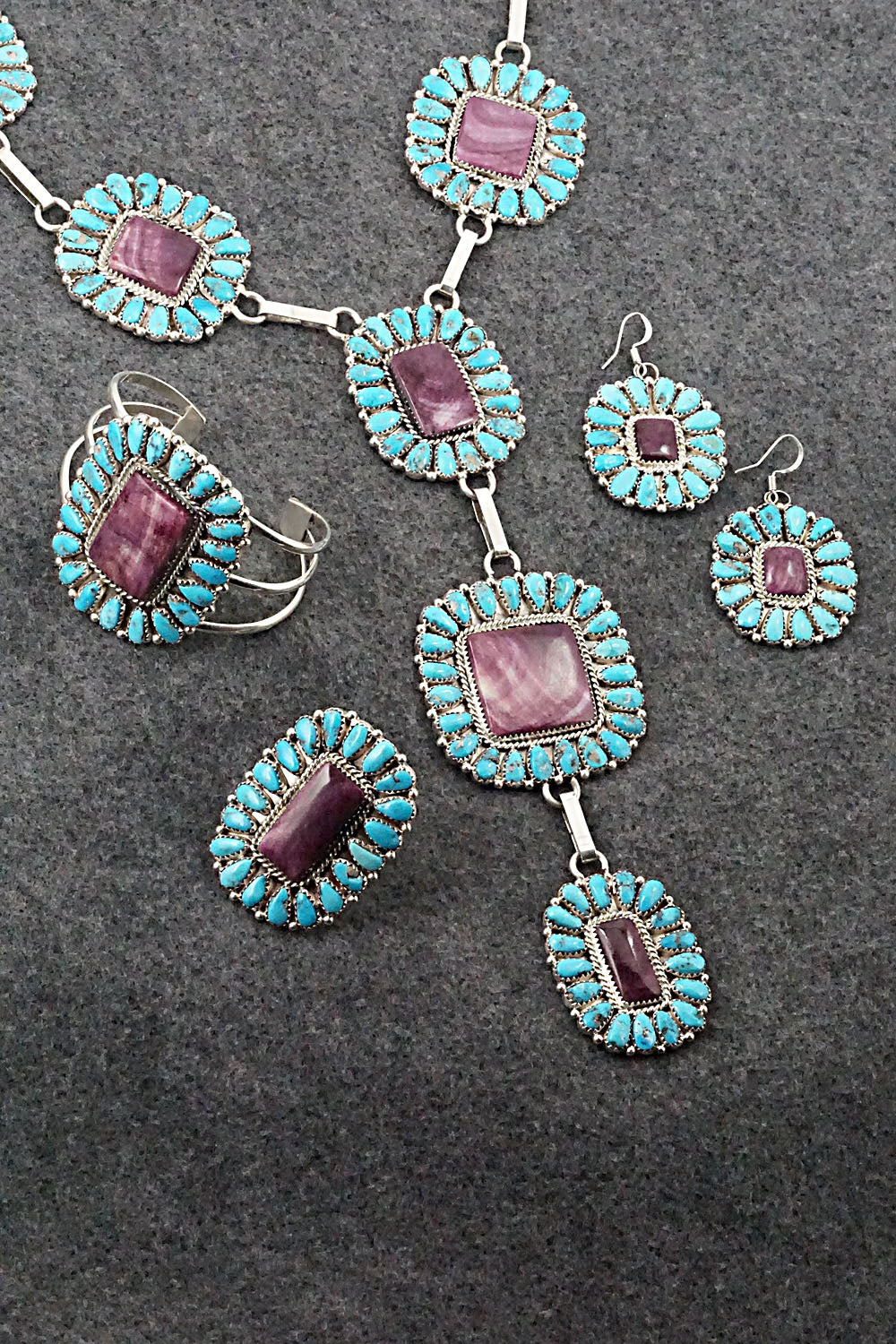 Turquoise, Spiny Oyster & Sterling Silver Necklace and Earrings - Justina Wilson