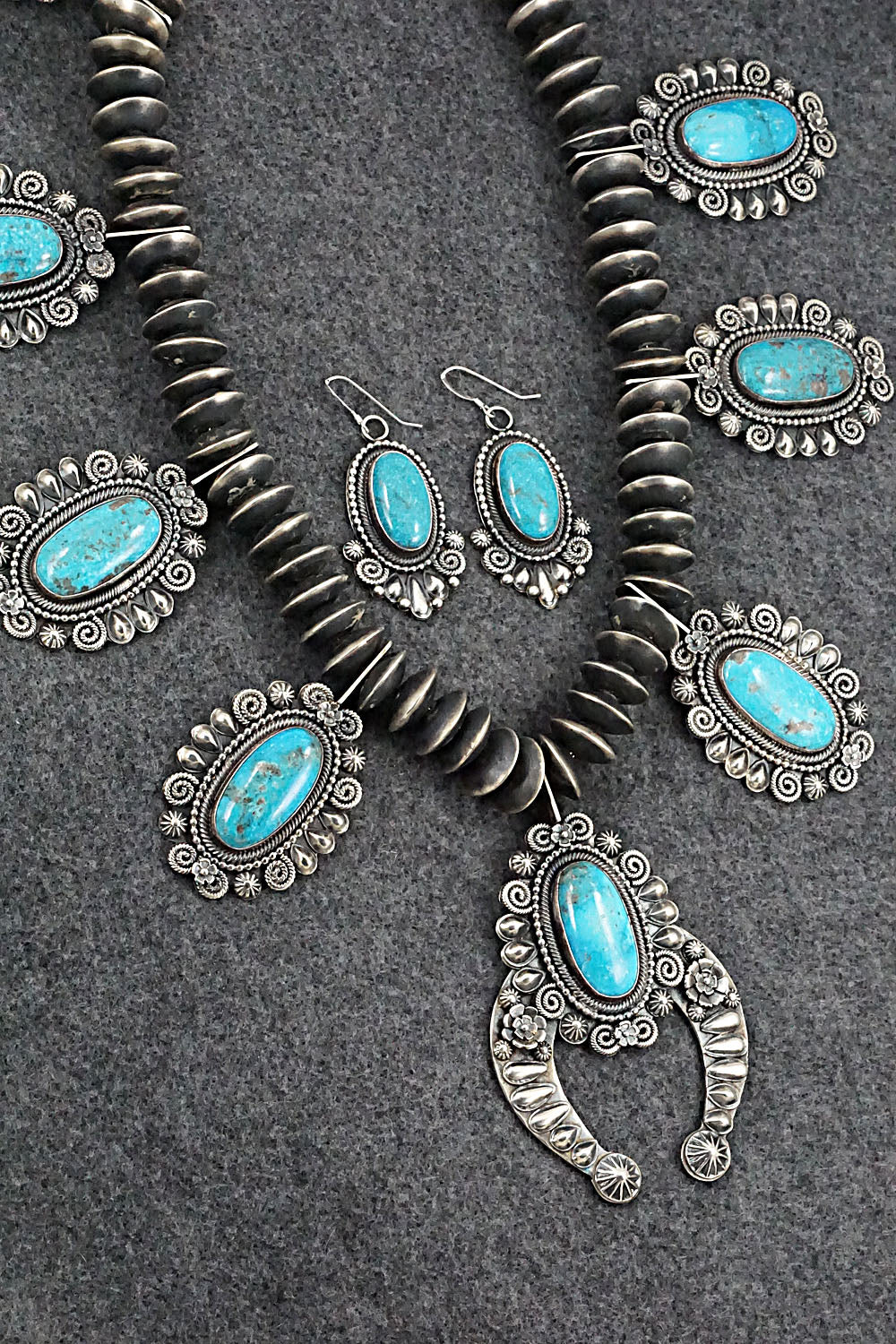 Turquoise & Sterling Silver Squash Blossom Necklace and Earrings - Hemerson Brown
