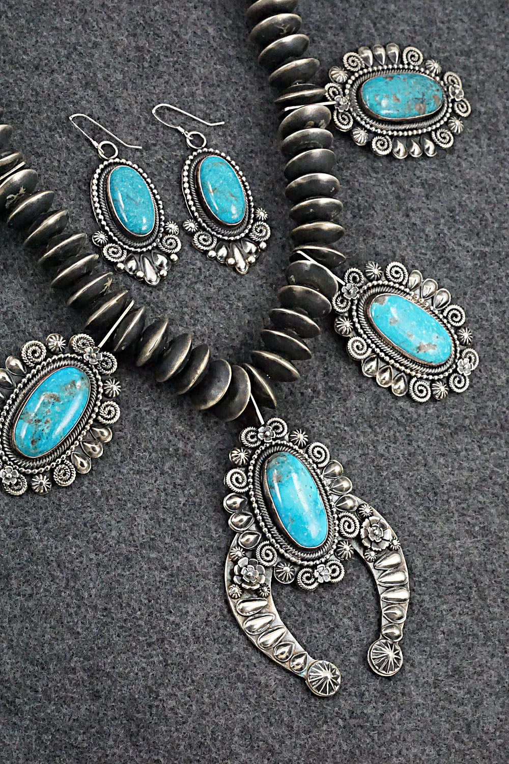 Turquoise & Sterling Silver Squash Blossom Necklace and Earrings - Hemerson Brown