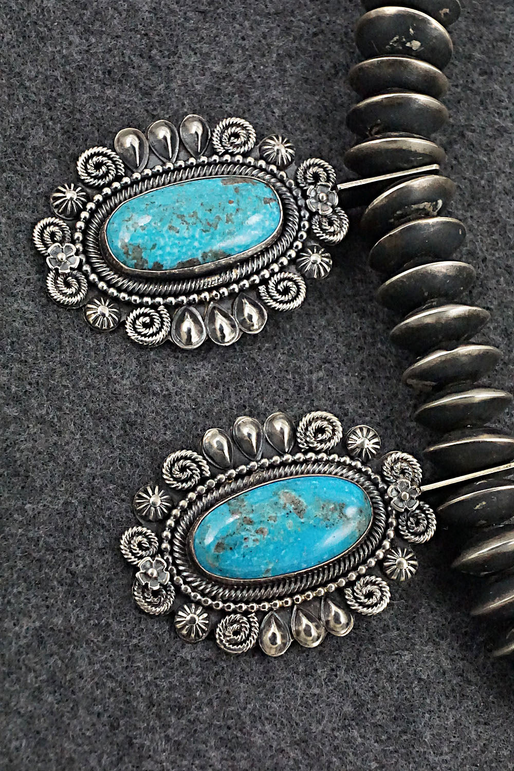 Turquoise & Sterling Silver Squash Blossom Necklace and Earrings - Hemerson Brown