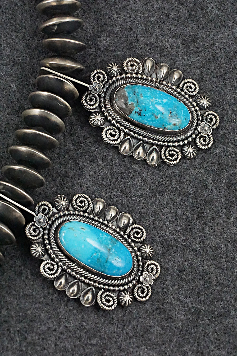 Turquoise & Sterling Silver Squash Blossom Necklace and Earrings - Hemerson Brown