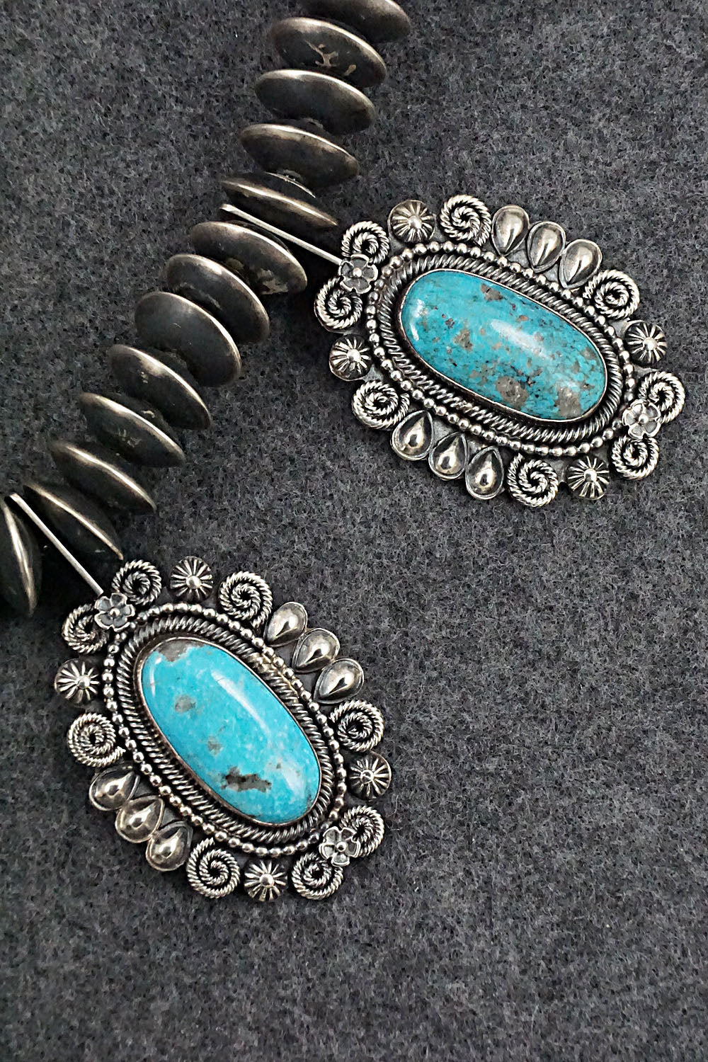 Turquoise & Sterling Silver Squash Blossom Necklace and Earrings - Hemerson Brown