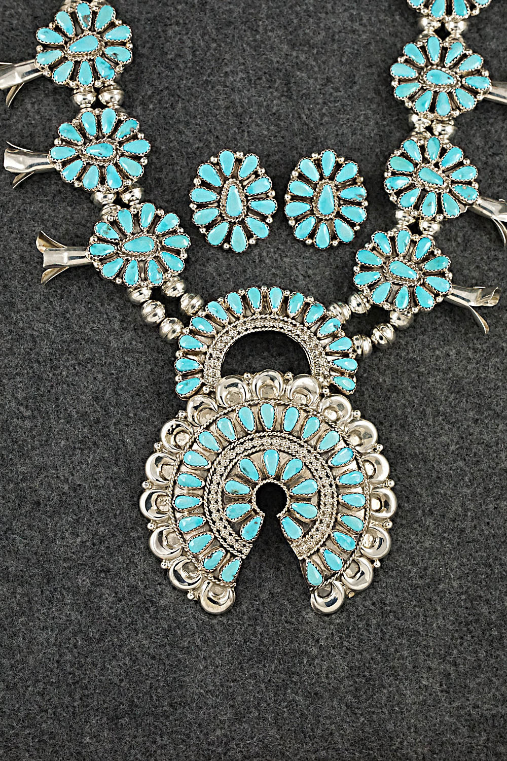 Turquoise & Sterling Silver Squash Blossom Necklace & Earrings - Alicia Wilson