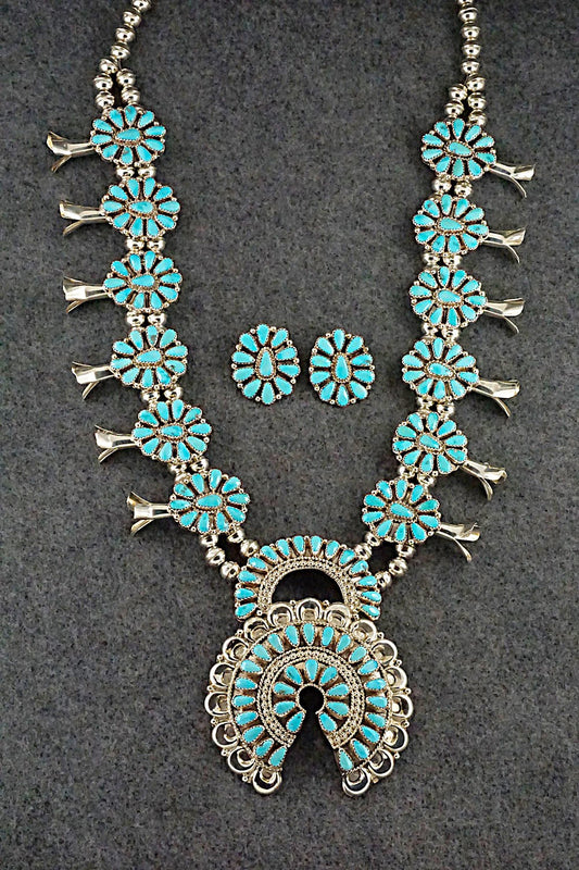 Turquoise & Sterling Silver Squash Blossom Necklace & Earrings - Alicia Wilson