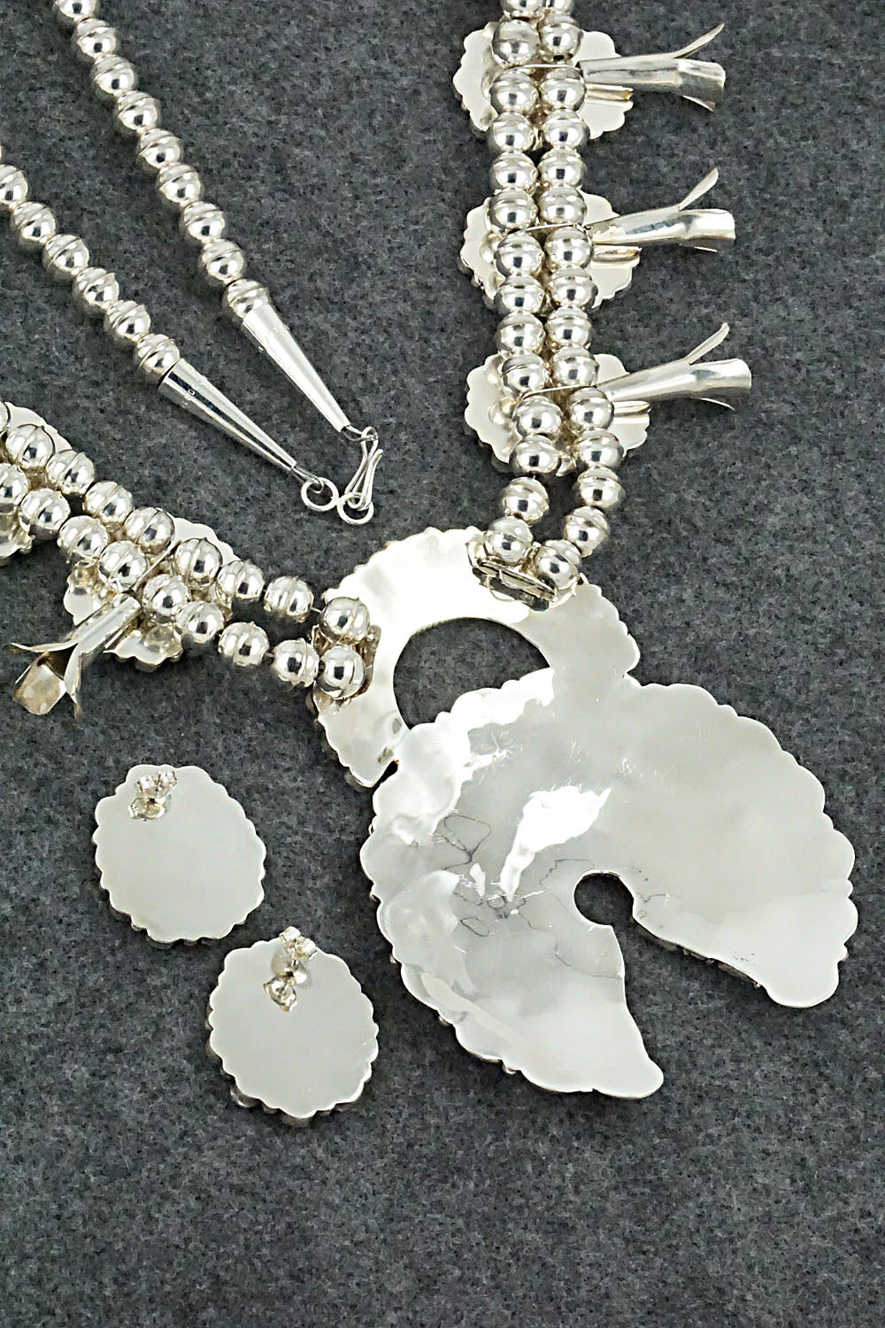 Turquoise & Sterling Silver Squash Blossom Necklace & Earrings - Alicia Wilson