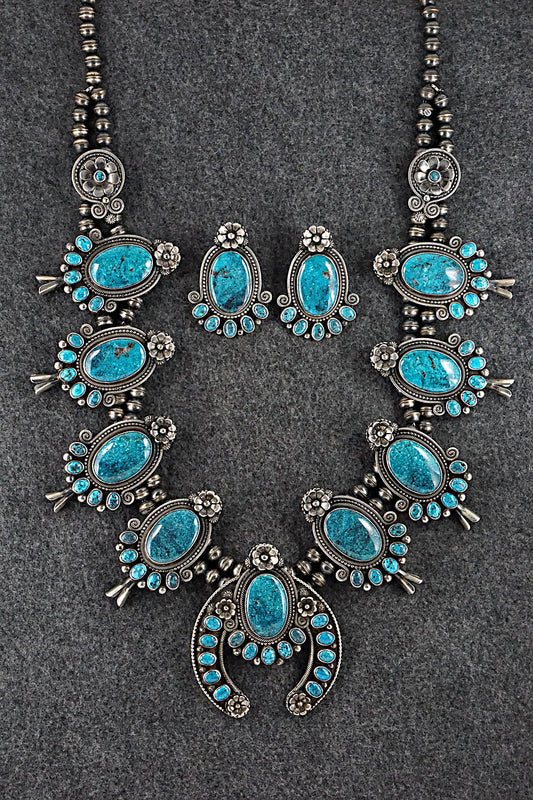 Turquoise & Sterling Silver Squash Blossom Necklace & Earrings - Myron Etsitty