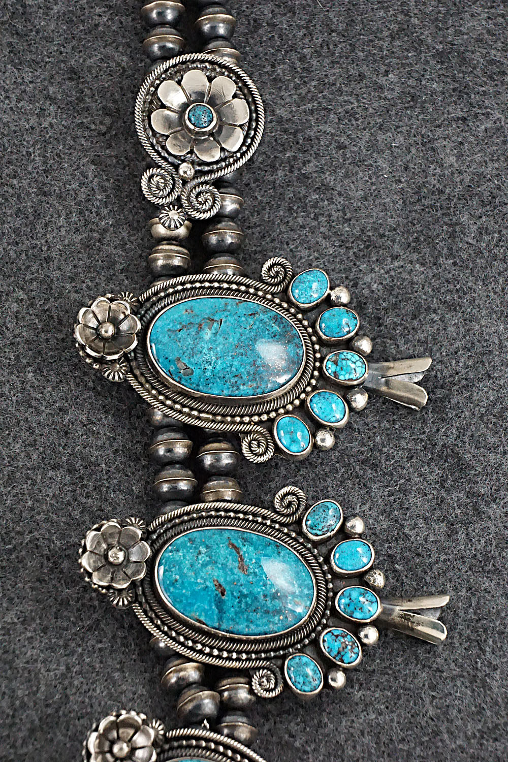 Turquoise & Sterling Silver Squash Blossom Necklace & Earrings - Myron Etsitty