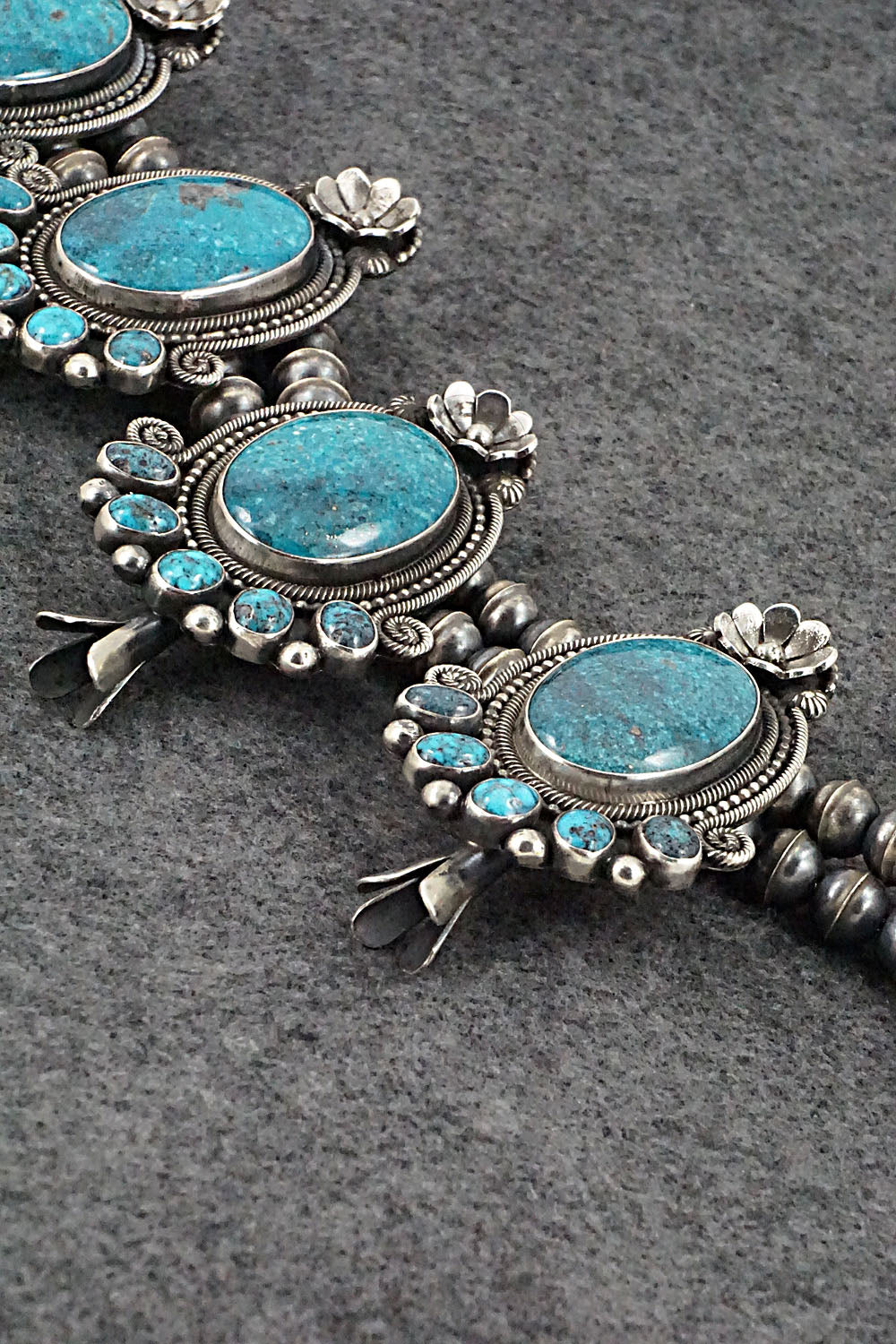 Turquoise & Sterling Silver Squash Blossom Necklace & Earrings - Myron Etsitty