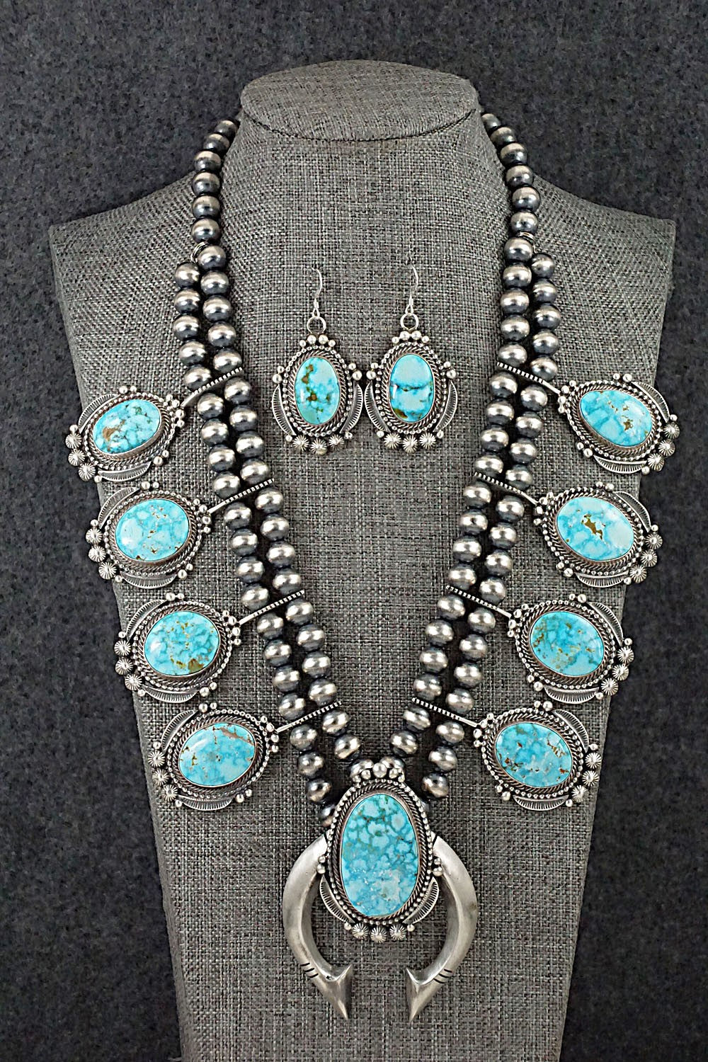 Turquoise & Sterling Silver Squash Blossom and Earrings Set - Tom Lewis
