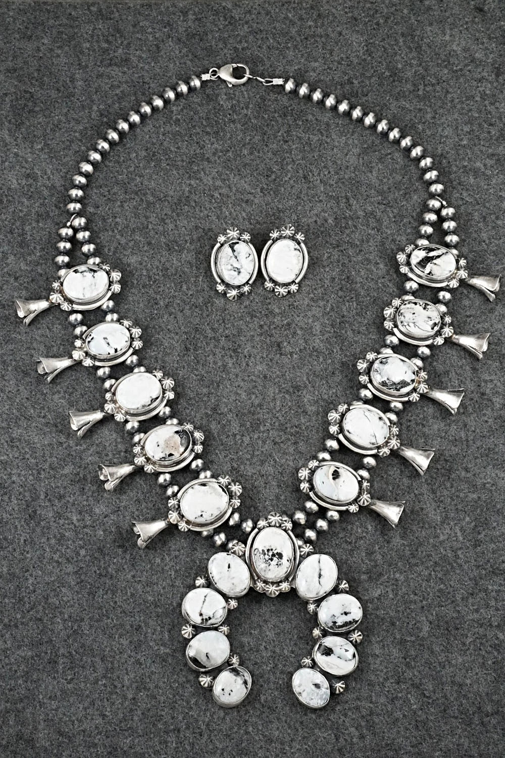 White Buffalo & Sterling Silver Squash Blossom Set - Darrin Livingston