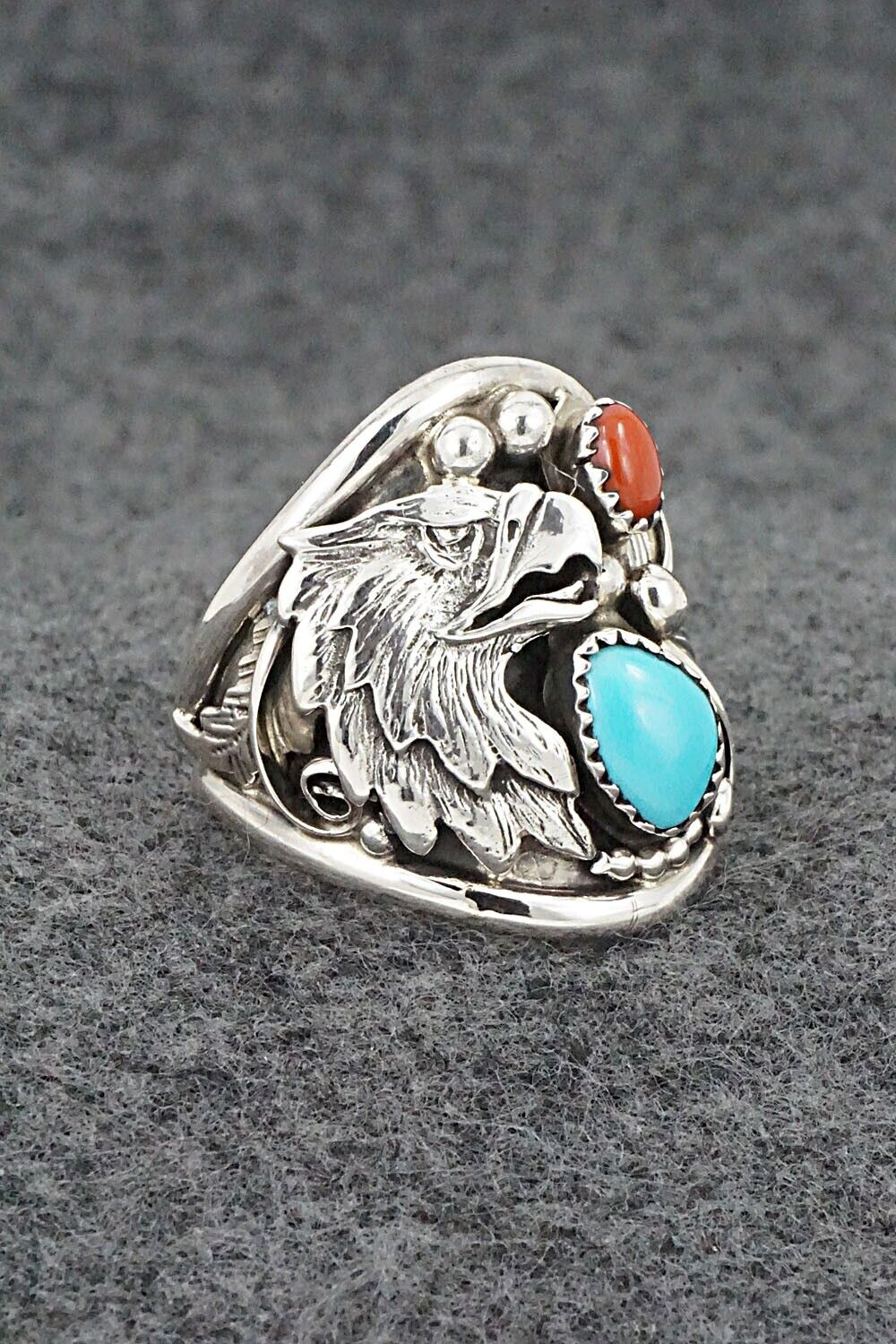 Turquoise, Coral & Sterling Silver Ring - Jeannette Saunders - Size 11