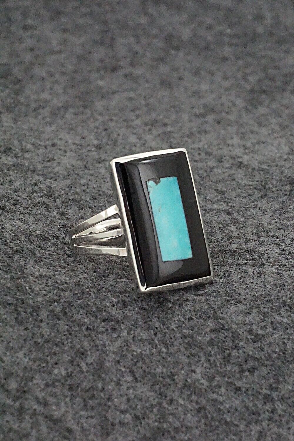 Turquoise, Onyx & Sterling Silver Inlay Ring - Harlen Consis - Size 7