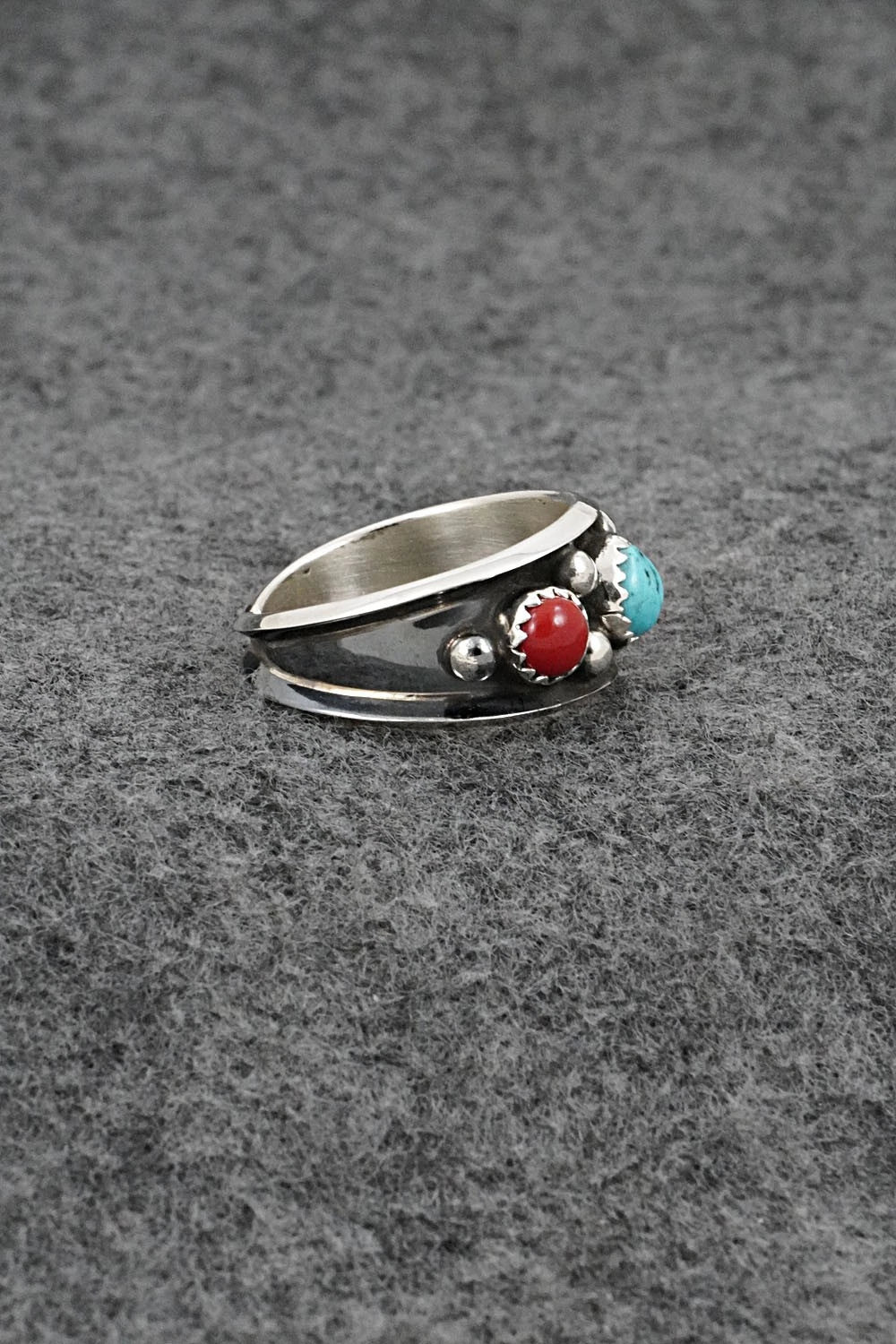 Turquoise, Coral & Sterling Silver Ring - Paul Largo - Size 8.5