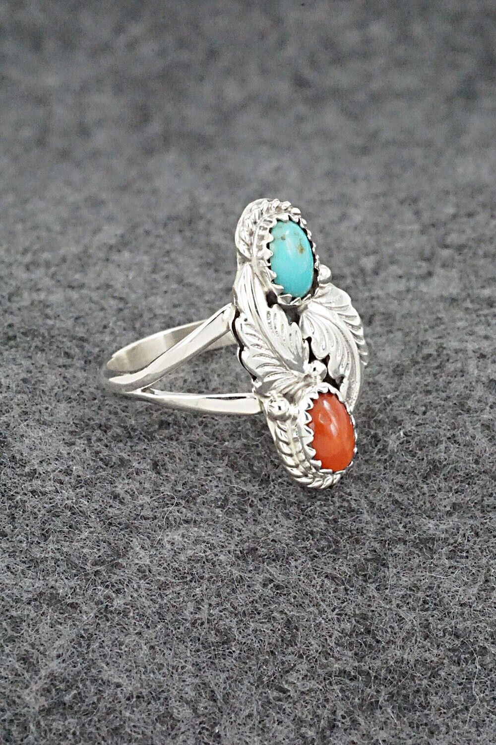 Turquoise, Coral & Sterling Silver Ring - Robert Martinez - Size 7.75