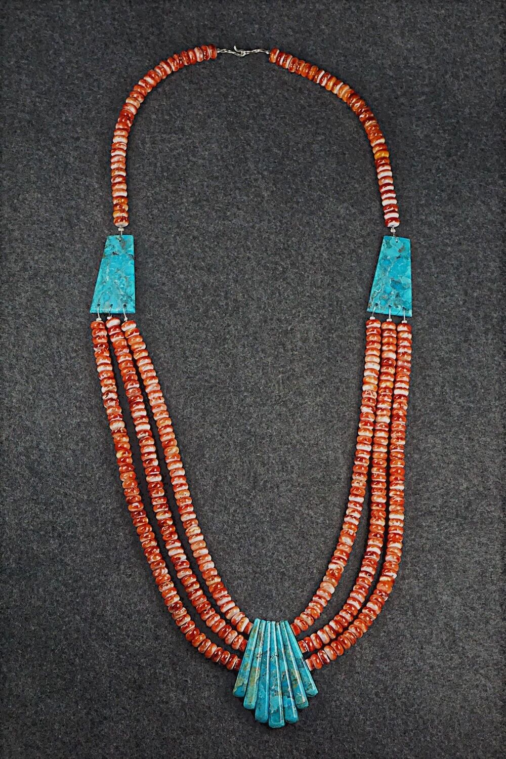 Turquoise, Spiny Oyster and Sterling Silver Necklace - Lupe Lovato