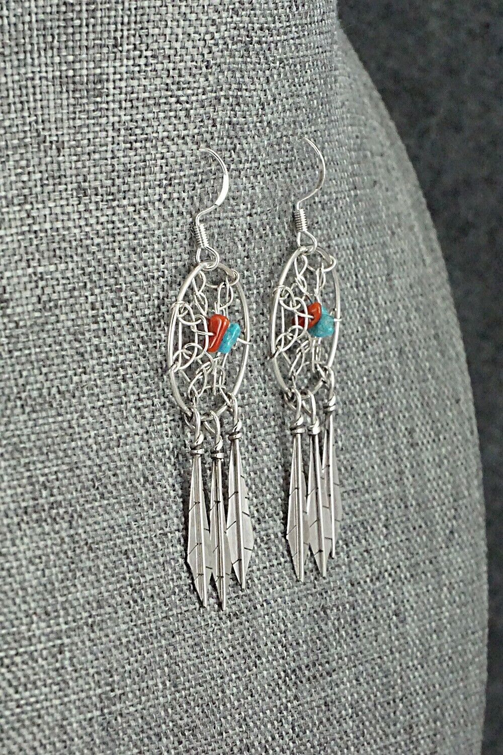 Turquoise, Coral & Sterling Silver Earrings - Lorenzo Arviso Jr.