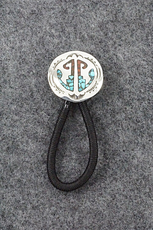 Turquoise, Coral & Sterling Silver Hair Tie - Joleen Yazzie