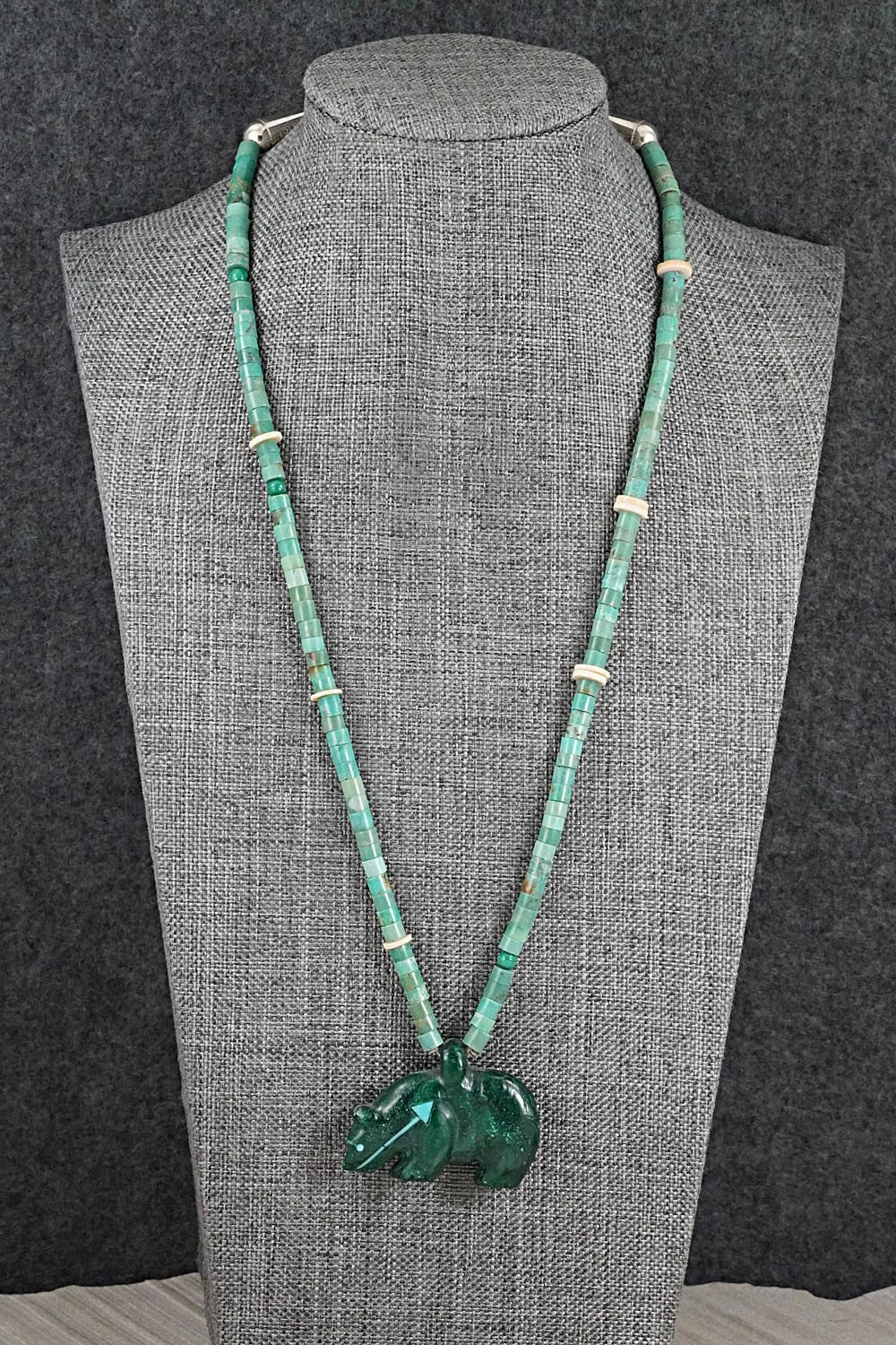 Turquoise & Sterling Silver Bear Zuni Fetish Necklace - Andres Quandelacy
